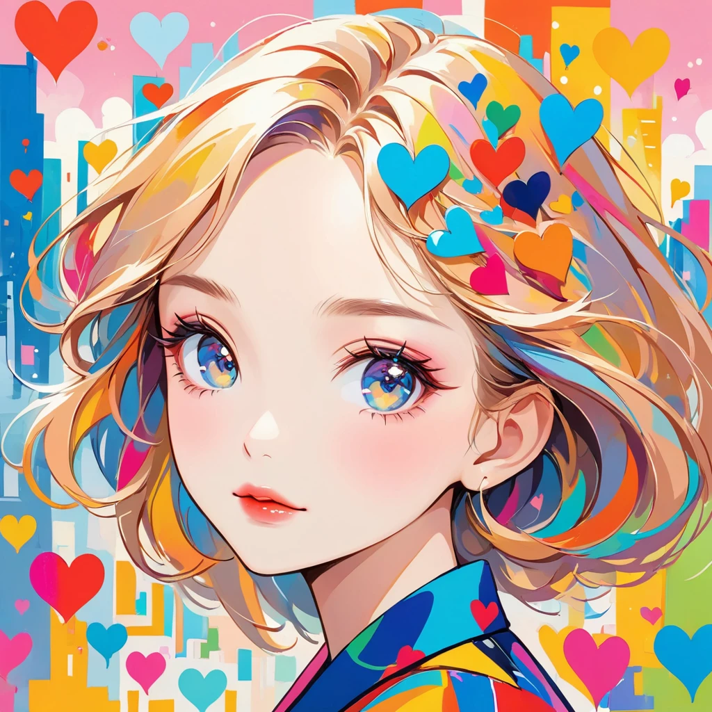 Mika Picaso, bright colors, style, Starting a line easily，abstract art，Background of the city, (((The most beautiful girl of all time))), Sweet Face. lips are in love, colorful hearts, modern design