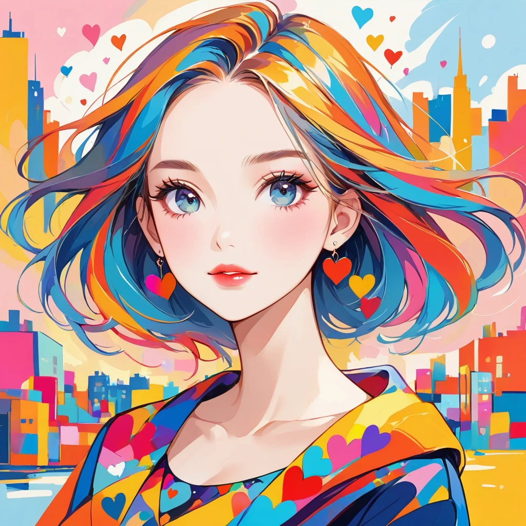 Mika Picaso, bright colors, style, Starting a line easily,abstract art,Background of the city, (((The most beautiful girl of all time))), Sweet Face. lips are in love, colorful hearts, modern design