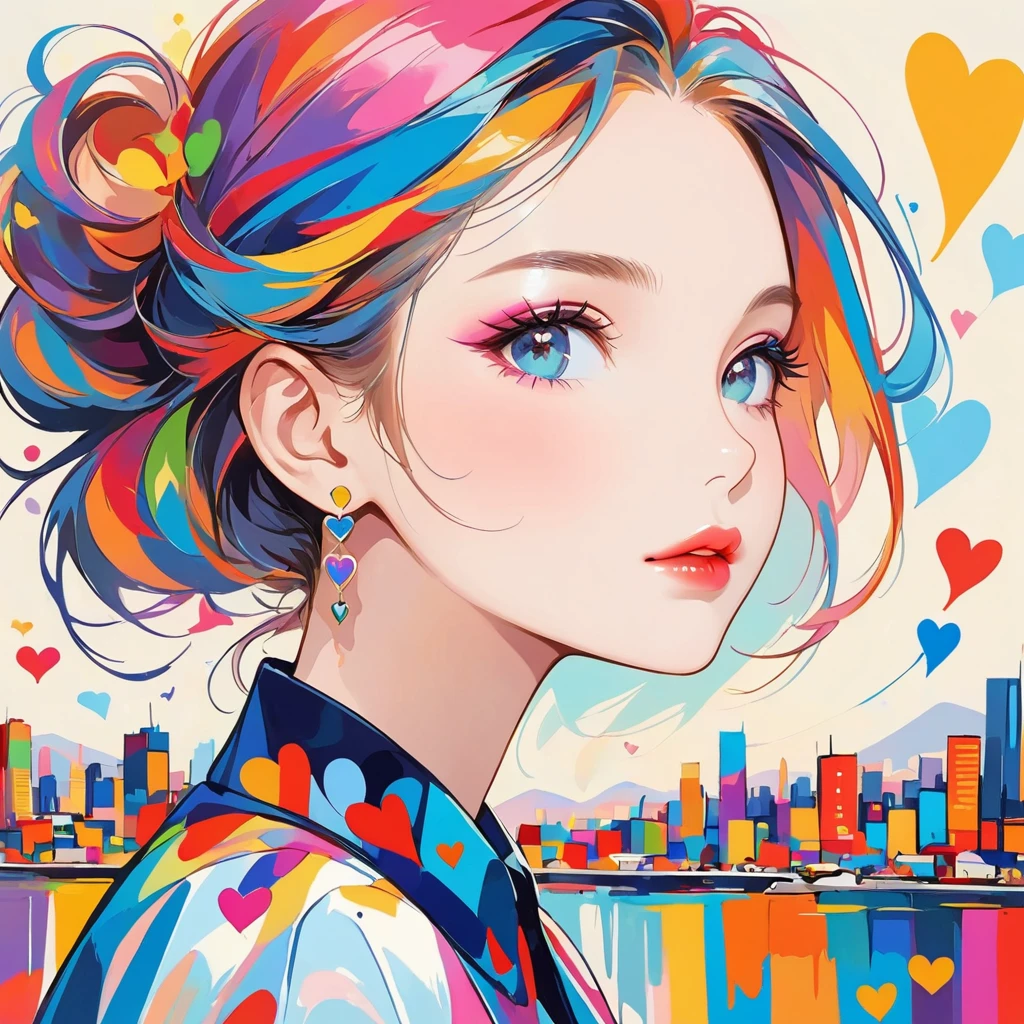 Mika Picaso, bright colors, style, Starting a line easily,abstract art,Background of the city, (((The most beautiful girl of all time))), Sweet Face. lips are in love, colorful hearts, modern design