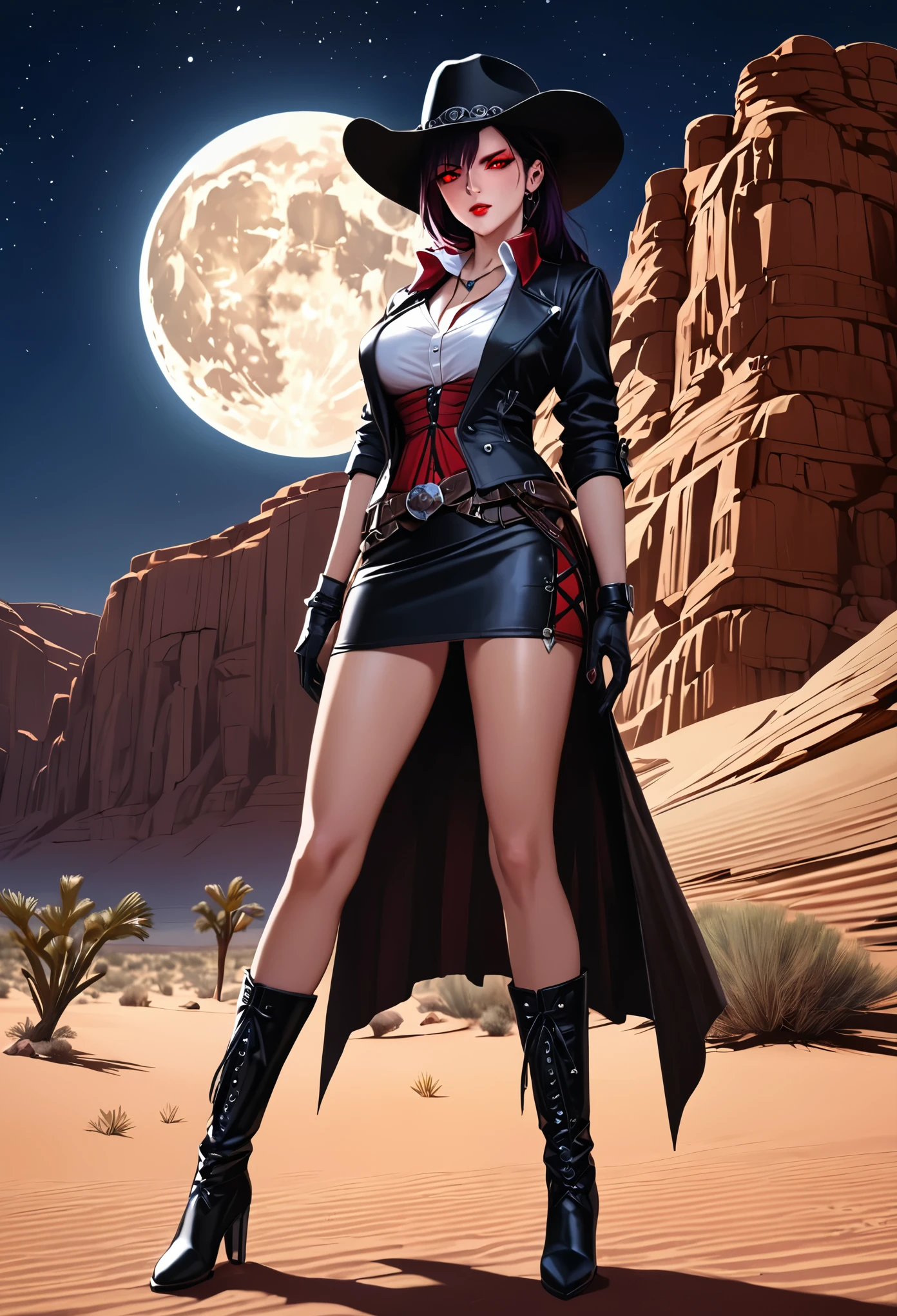 a picture of a female vampire cowboy in the desert night, a goth beauty, exquisite beautiful female vampire, ((anatomically correct: 1.5), (ultra detailed face: 1.2), best detailed face, red glowing eyes, full body, busty, wearing white bottom shirt, short skirt, dynamic color. wearing (cowboy hat: 1.2), wearing high heeled boots, it is night time in the desert, moon light. moon rays, west America desert canyon background, Hyperrealism style, vibrant, Ultra-high resolution, High Contrast, (masterpiece:1.5), highest quality, Best aesthetics), best details, best quality, highres, ultra wide angle, 16k, [ultra detailed], masterpiece, best quality, (extremely detailed) RAW, chumbasket art style, rpg portrait photograph