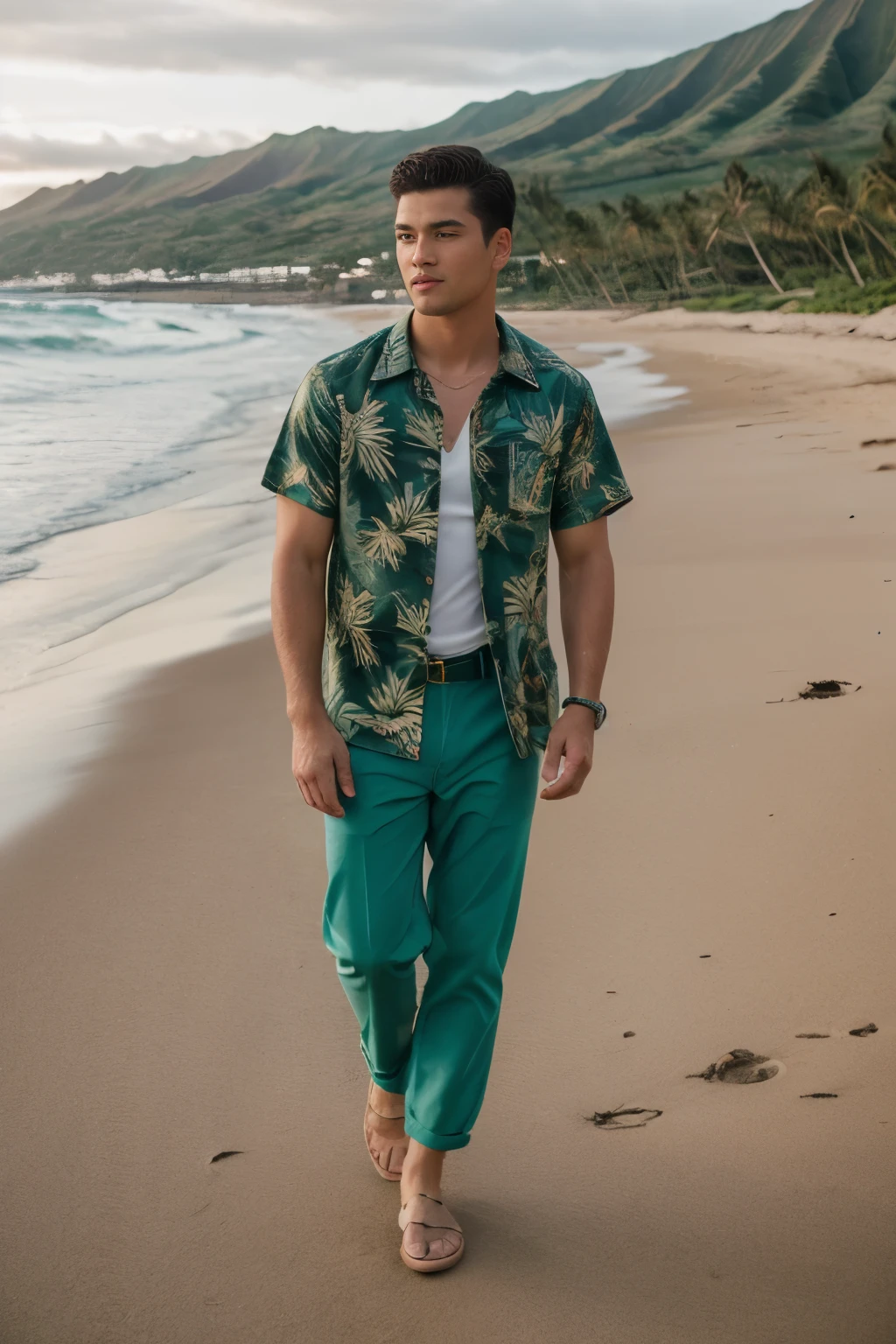 8k uhd, dslr, high quality , RAW photo, Realistic Photography , Full Body, Fujifilm XT3, Canon R5, Handsome Men , beach , Hawaiian shirt and loose green pants