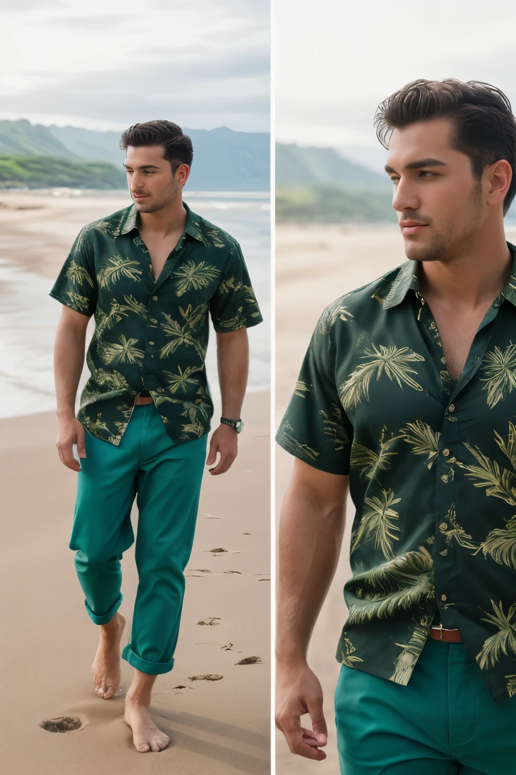 8k uhd, dslr, high quality , RAW photo, Realistic Photography , Full Body, Fujifilm XT3, Canon R5, Handsome Men , beach , Hawaiian shirt and loose green pants