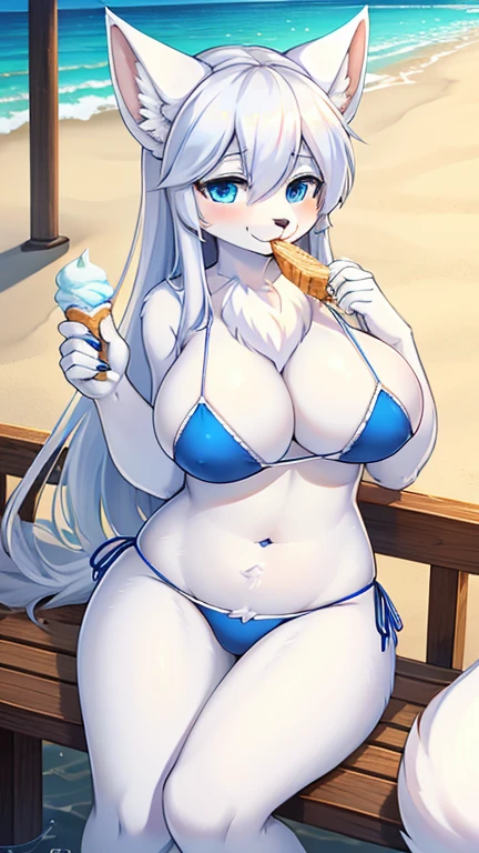 best quality, best resolution, (fluffy anthro furry), arctic fox girl, silver hair, blue eyes, (white fur), long straight hair, fox ears, big , sophisticated manner, (royal blue bikini), sitting on beach, pier boardwalk, eating a scoop of vanilla ice cream in a waffle cone