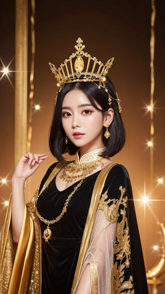 goddess　Golden Clothes　Sparkling　accessories　Asia　crown　Upper Body　Black Hair　short hair　gorgeous　Cape　Facing forward
