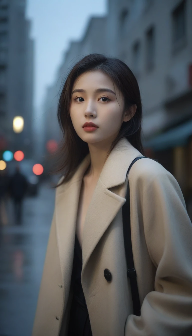 8K, Ultra-high resolution, best quality, masterpiece, Surrealism, photo,Three-Part Approach, 1 girl, (16 years old:1.3), pretty girl, Cute face, Beautiful eyes in every detail,(best quality,masterpiece:1.3,In 8K),(Practical:1.4,RAW Shooting,Caustics),of the night city,(heavy rain:1.2),Street Lights,(Street Lightsの光を反射して白く輝く雨粒:1.2),(The woman looked up at the sky),Zhongfa,Sad expression,long coat,Chest shooting,((Thin legs))、A bold gesture,Super cute supermodel、Look closely at the camera,鮮明なdetailed、detailed、Surrealism、Light and Shadow,glare,Fashion magazine cover,Thin lips