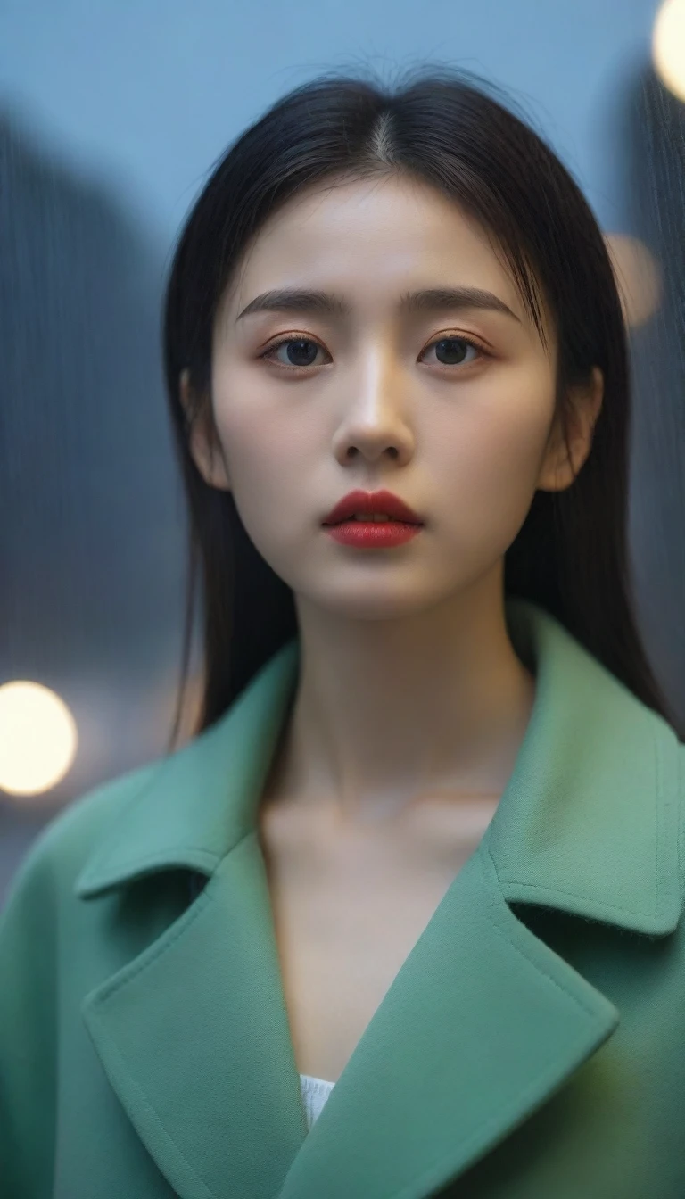 8K, Ultra-high resolution, best quality, masterpiece, Surrealism, photo,Three-Part Approach, 1 girl, (:1.3), pretty girl, Cute face, Beautiful eyes in every detail,(best quality,masterpiece:1.3,In 8K),(Practical:1.4,RAW Shooting,Caustics),of the night city,(heavy rain:1.2),Street Lights,(Street Lightsの光を反射して白く輝く雨粒:1.2),(The woman looked up at the sky),Zhongfa,Sad expression,long coat,Chest shooting,((Thin legs))、A bold gesture,Super cute supermodel、Look closely at the camera,鮮明なdetailed、detailed、Surrealism、Light and Shadow,glare,Fashion magazine cover,Thin lips