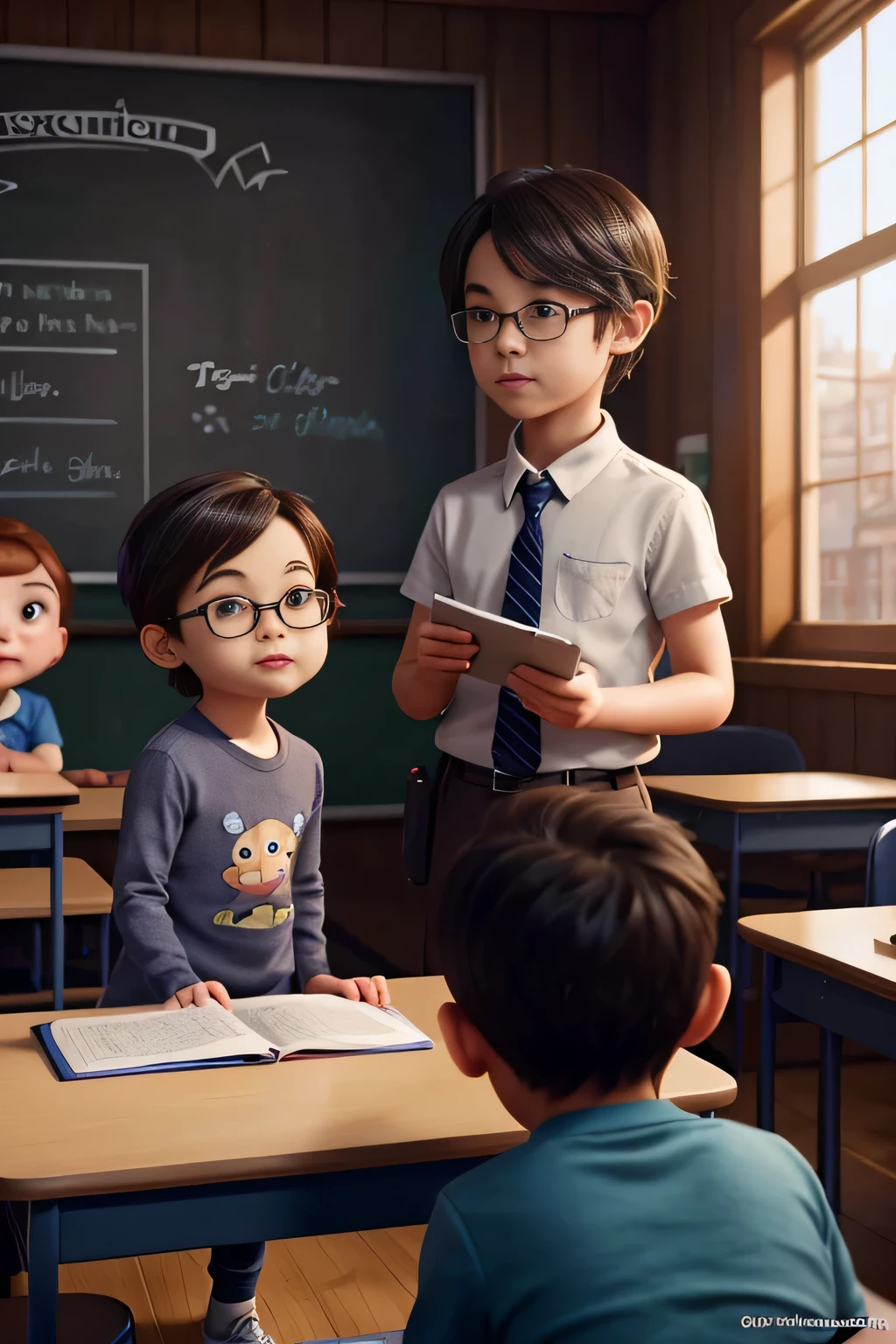 Very cute little boy cartoon character, classroom, with friends watching teacher tell stories, unreal engine, warm indoor lighting, arts station, detailed digital painting, cinematic, character design by mark ryden and pixar and hayao miyazaki, unreal 5, daz, hyperrealistic, octane rendering