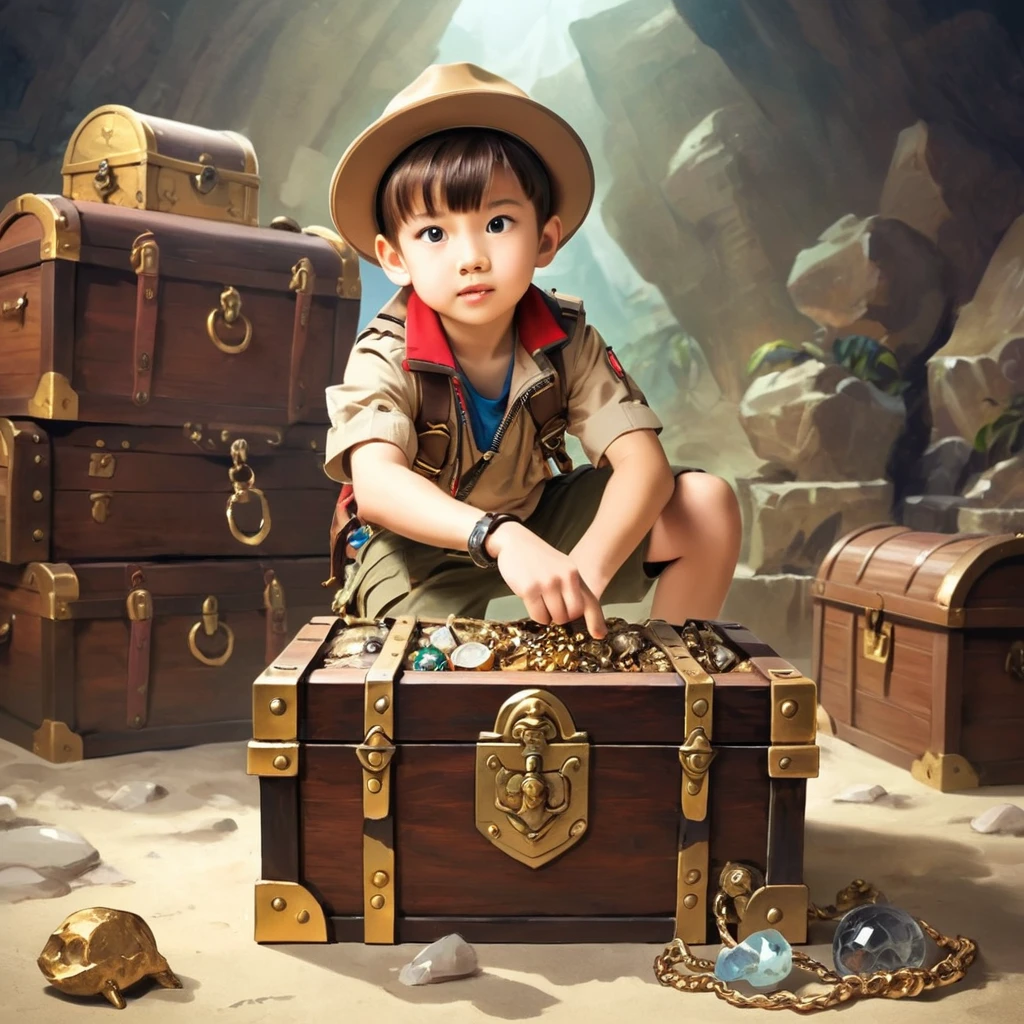 Boy Explorer，Adventurer、Treasure chest in background、Treasure in the background、Cool pose