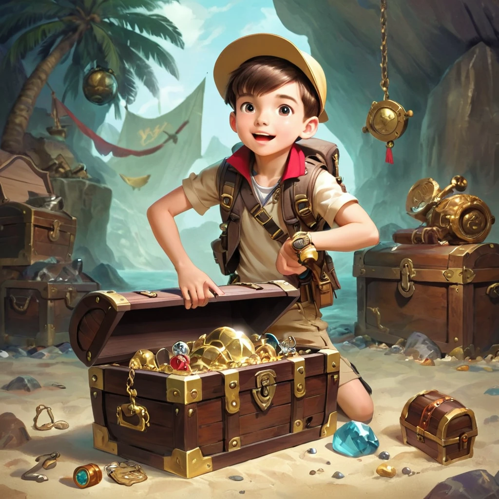Boy Explorer,Adventurer、Treasure chest in background、Treasure in the background、Cool pose