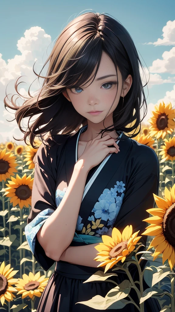 The composition of fictional characters, Dressed in young blue flowers, surrounded by sunflowers, The protagonist, with his eyes open, his hair blown by the wind, and the sun heals, close-up monochrome painting, cute, dreamy, oil painting style, acrylic paint,, Japanese, interesting concept, interesting drawing - ar 3:4 -s 20 -niji 5