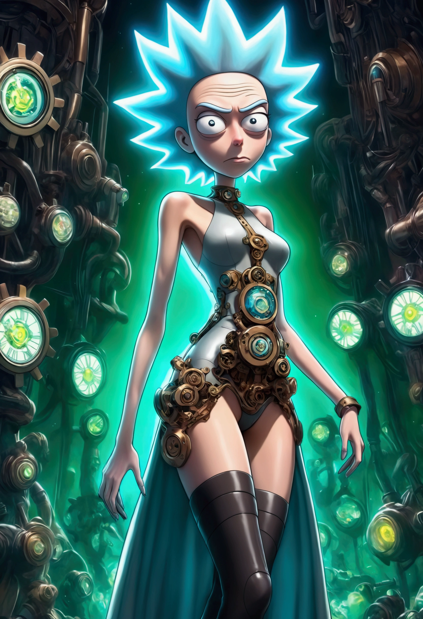 RICK AND mORTY'S, Rick, is watching a fashion show in a world of clockwork people. Cute clockwork woman (age 25, high heels, sexy dress, semi transparent skin showing her gears) she is wearing platform knee high boots