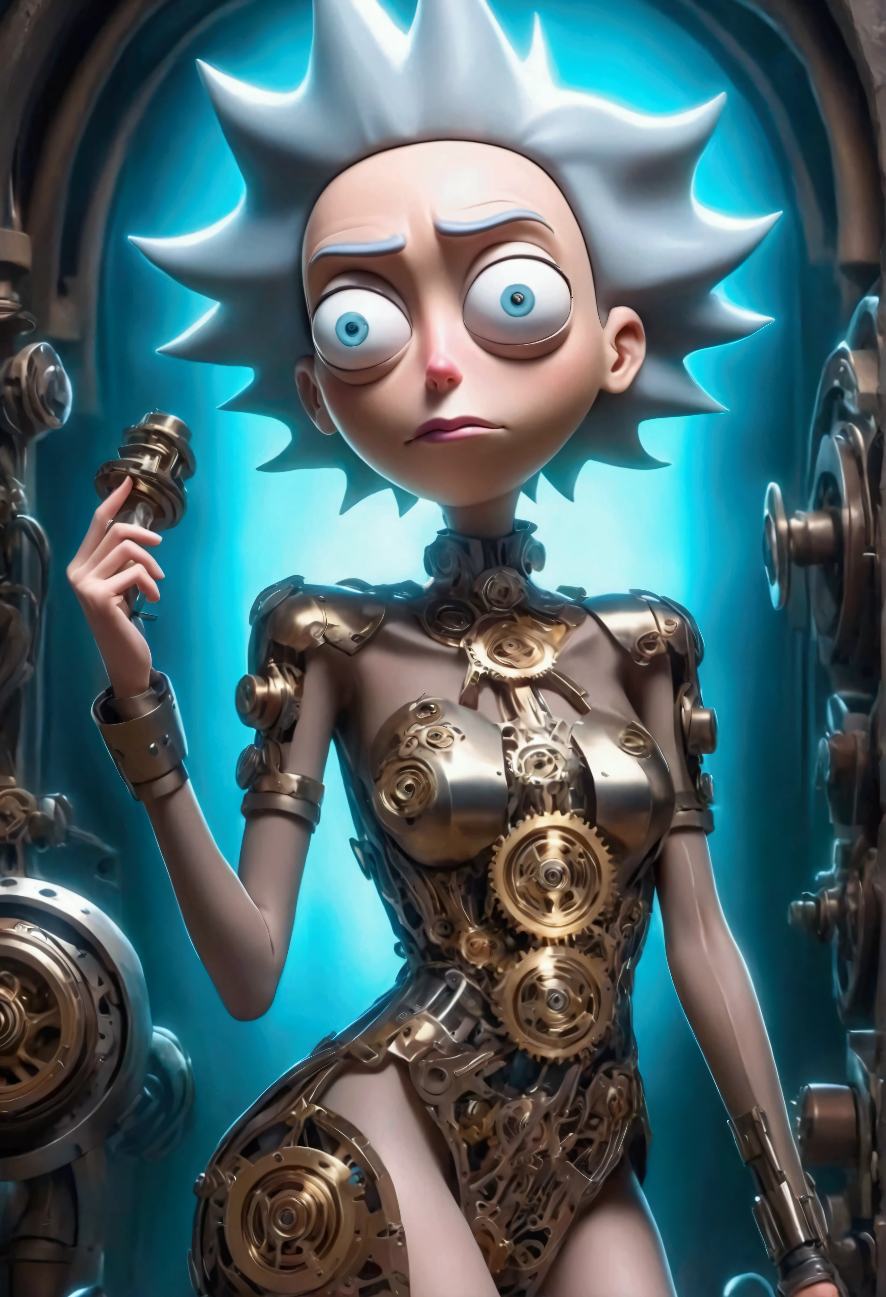 RICK AND mORTY'S, Rick, is watching a fashion show in a world of clockwork people. Cute clockwork woman (age 25, high heels, sexy dress, semi transparent skin showing her gears) she is wearing platform knee high boots