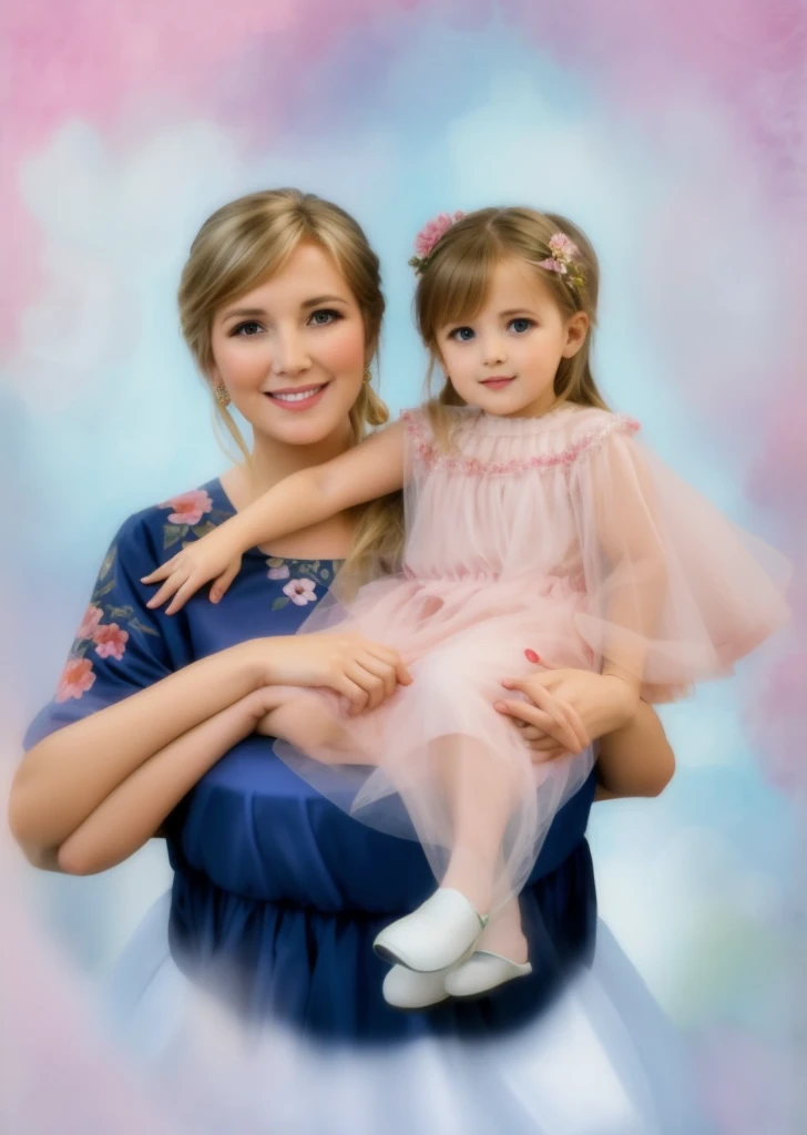 Grandmother sitting in a chair , granddaughter in a beautiful ball gown with beautiful blond hair , there are flowers around