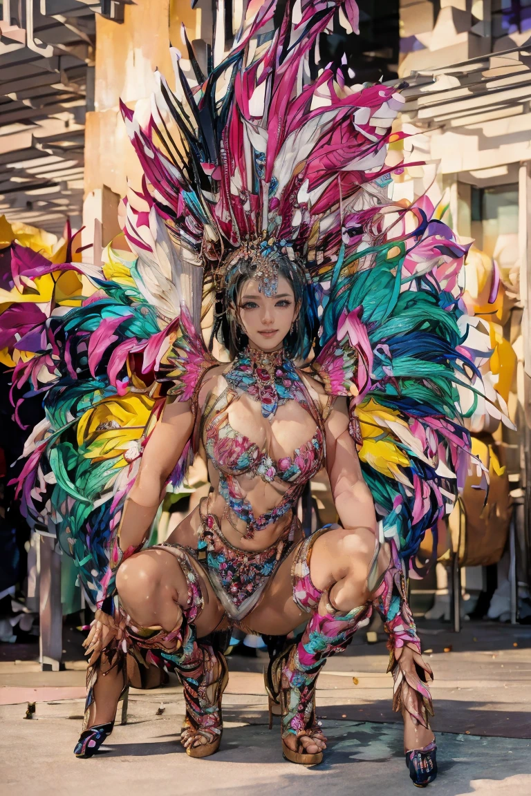 Highest quality, Official Art, masterpiece, Fabric Shading, High resolution, Very detailed, colorful, detailed, High leg samba micro costume:1.5, Microwaves are okay:1.9, 1 female, Age 25, Black Hair, short hair, Bobcut, One Length, BIGG ASS:1.9, A bustling boulevard, sunny, skinny, {{Surrounded by male photographers:1.9}}, She has been photographed by many male photographers...:1.7, There is a snowstorm, Blessed, welcome:1.5, Camel Toe:1.9, squatting, spread legs,