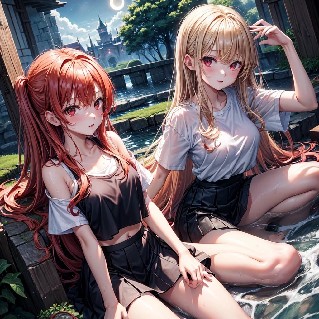 Red-blonde、Red eyes、One cute girl、solo、And soul、Light clothing、Checked mini skirt、petal、Wet hair、Sit on、black t-shirts、large tree、cloud、full moon、monster castle、lanthanum、Hell's Gate、Craft Gatekeeper、barefoot、Stones are piled up、Teeth are visible、Secret Treasure、Wooden chair、Wooden fence on fire、Wearing a fake beard