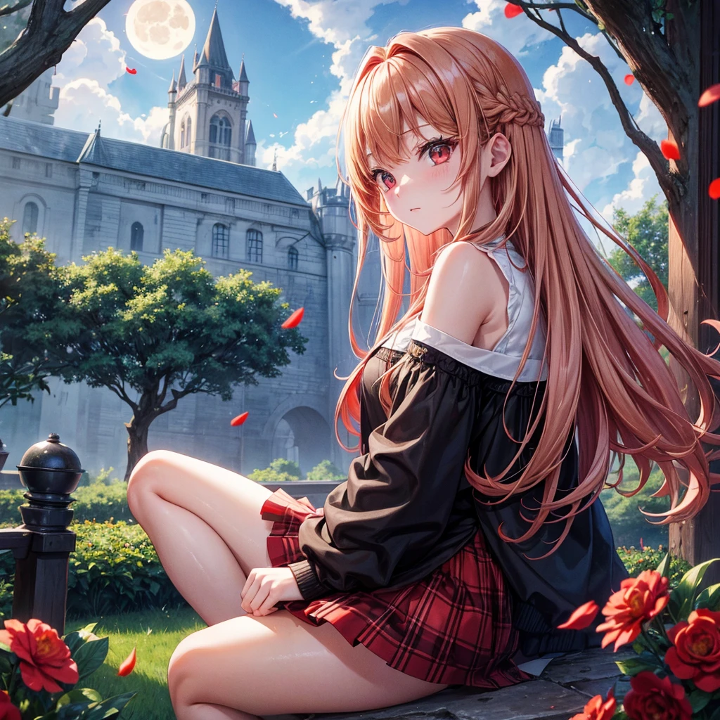 Red-blonde、Red eyes、One cute girl、solo、And soul、Light clothing、Checked mini skirt、petal、Wet hair、Sit on、black t-shirts、large tree、cloud、full moon、monster castle、lanthanum、Hell's Gate、Craft Gatekeeper、barefoot、Stones are piled up、Teeth are visible、Secret Treasure、Wooden chair、Wooden fence on fire、Wearing a fake beard