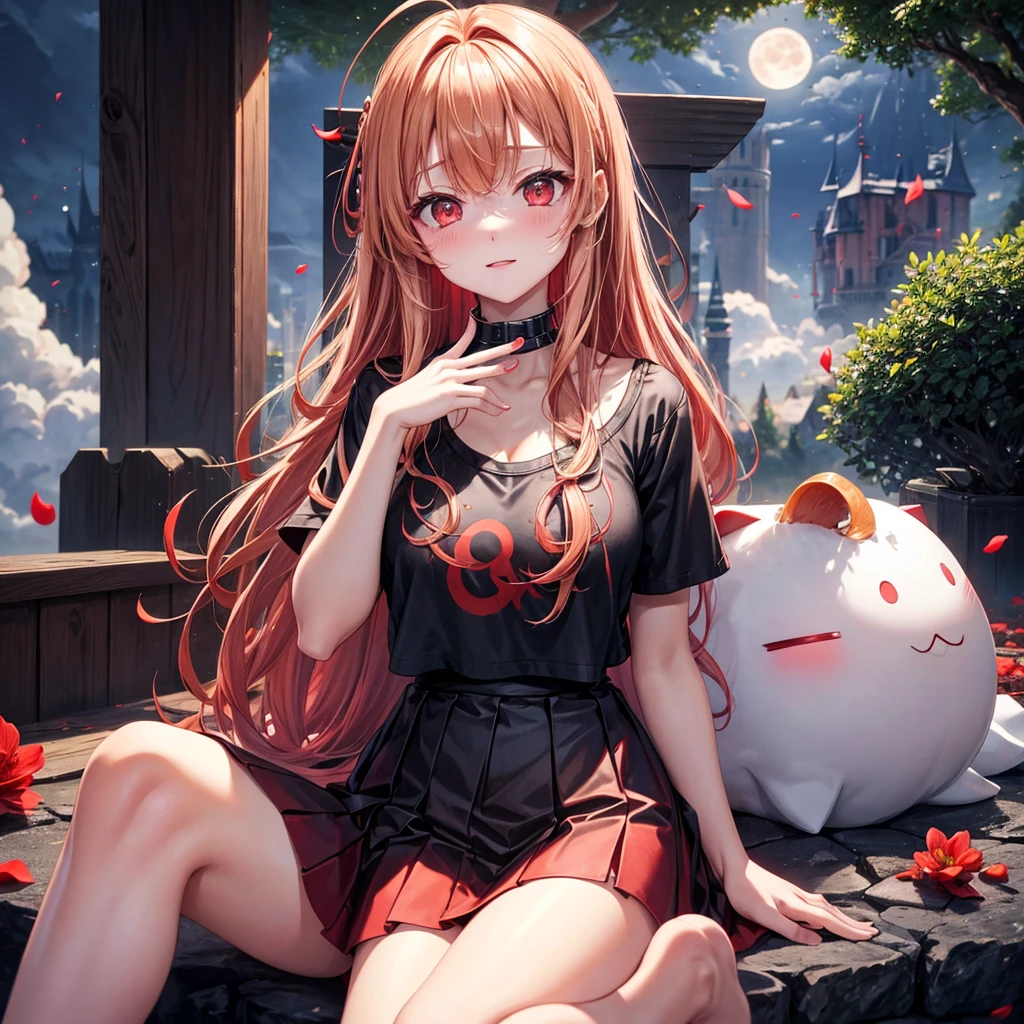 Red-blonde、Red eyes、One cute girl、solo、And soul、Light clothing、Checked mini skirt、petal、Wet hair、Sit on、black t-shirts、large tree、cloud、full moon、monster castle、lanthanum、Hell's Gate、Craft Gatekeeper、barefoot、Stones are piled up、Teeth are visible、Secret Treasure、Wooden chair、Wooden fence on fire、Wearing a fake beard