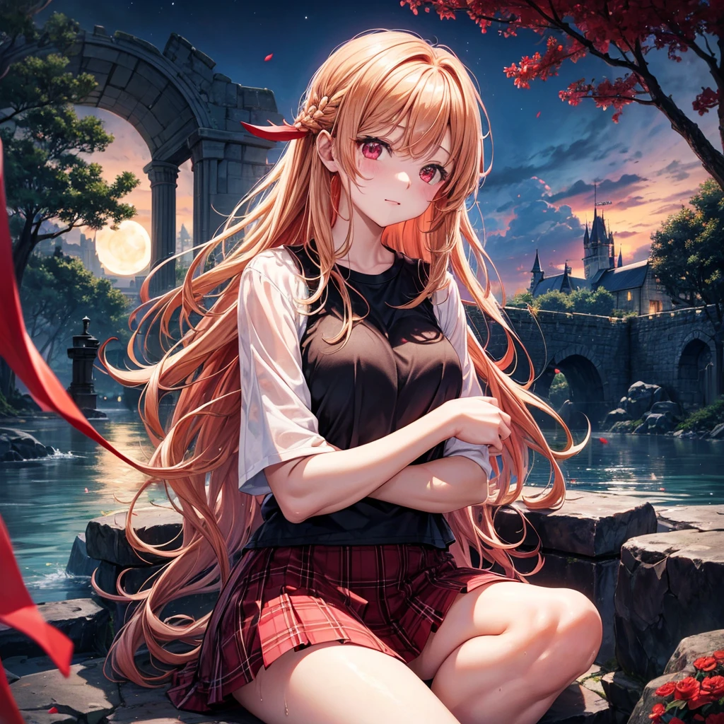 Red-blonde、Red eyes、One cute girl、solo、And soul、Light clothing、Checked mini skirt、petal、Wet hair、Sit on、black t-shirts、large tree、cloud、full moon、monster castle、lanthanum、Hell&#39;s Gate、Craft Gatekeeper、barefoot、Stones are piled up、Teeth are visible、Secret Treasure、Wooden chair、Wooden fence on fire、Wearing a fake beard