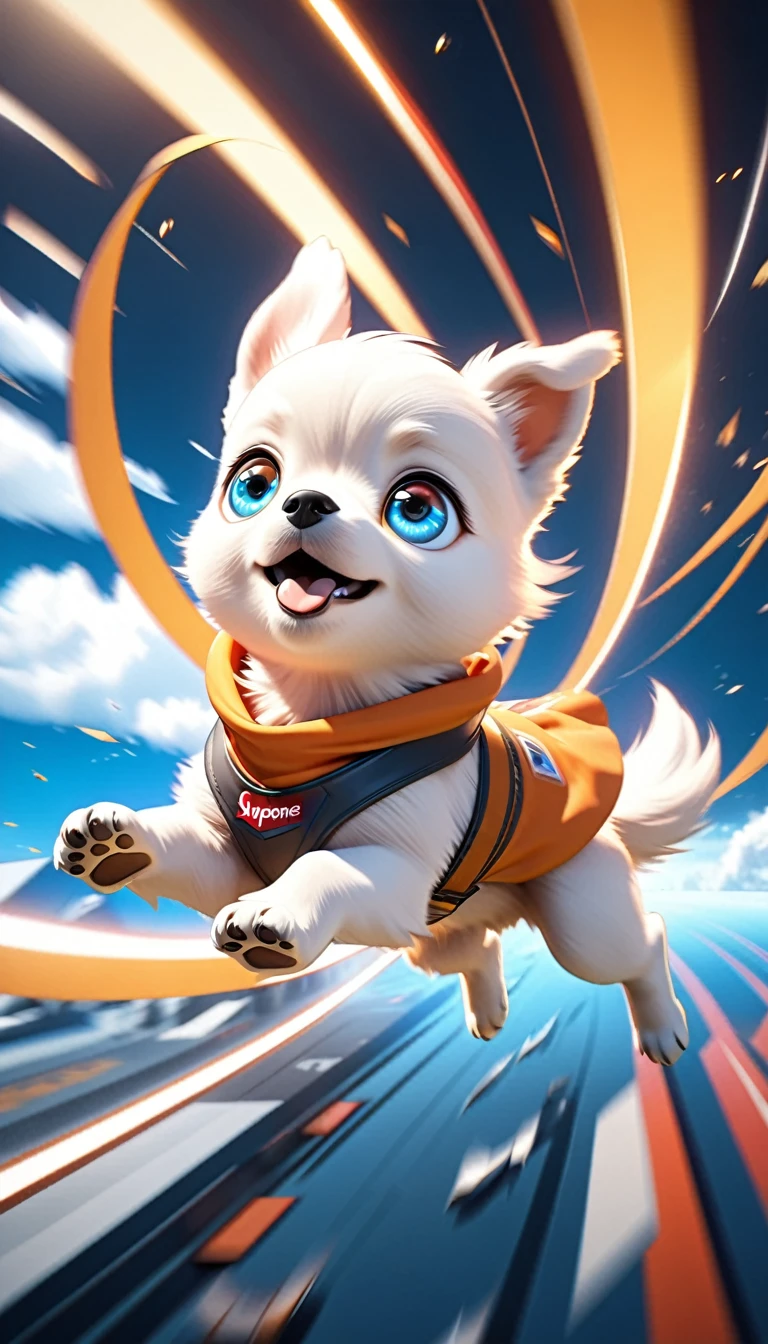 a flying puppy, extremely detailed and charming, soaring puppy, dancing in the air, crazy, dynamic dancing motion, rapidly falling through the air, funky eyes, fighter jet-like agility, perfect 3D CGI rendering, enhanced dynamism with motion blur, masterpiece with supreme aesthetics, super retina