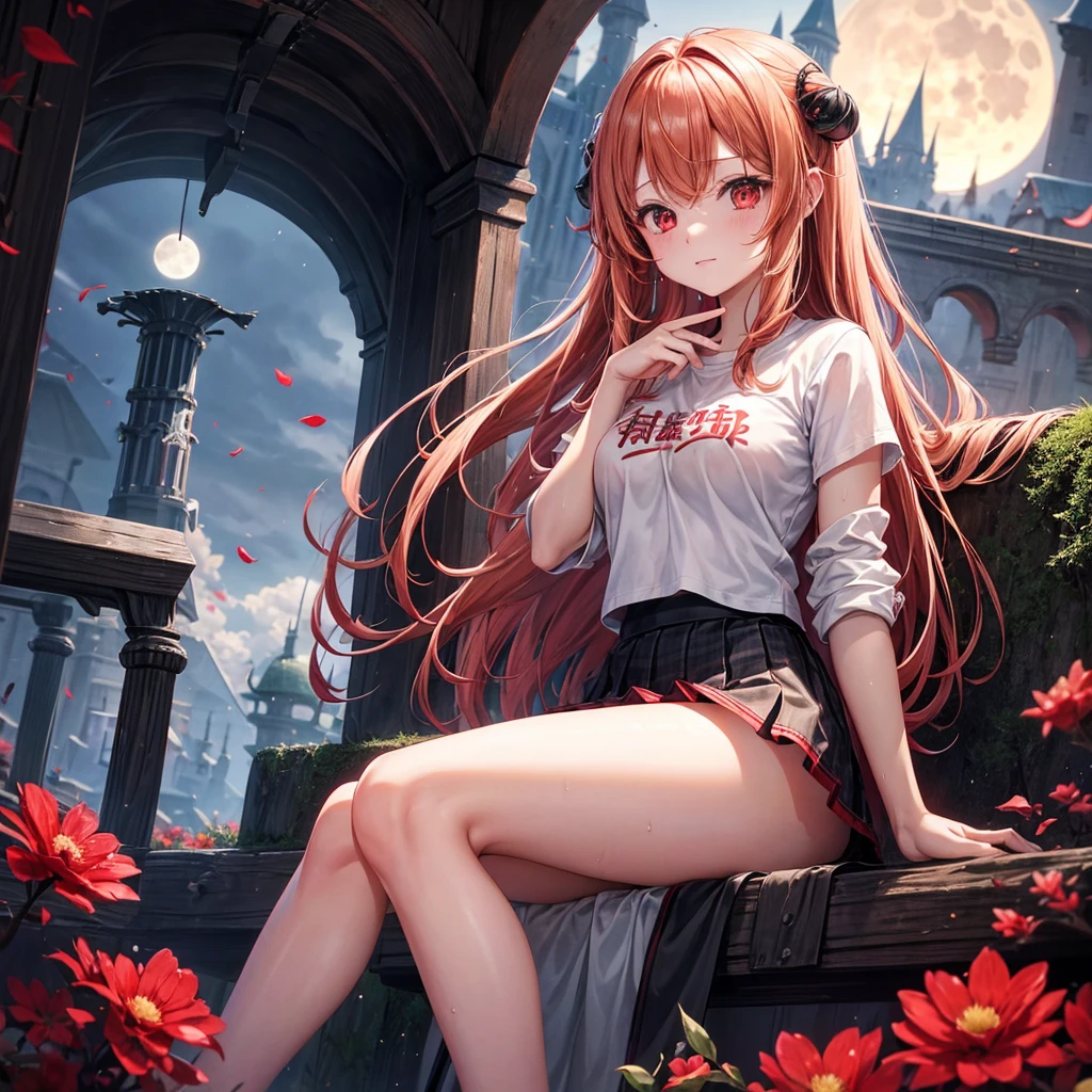 Red-blonde、Red eyes、One cute girl、solo、And soul、Light clothing、Checked mini skirt、petal、Wet hair、Sit on、black t-shirts、large tree、cloud、full moon、monster castle、lanthanum、Hell's Gate、Craft Gatekeeper、barefoot、Stones are piled up、Teeth are visible、Secret Treasure、Wooden chair、Wooden fence on fire、Wearing a fake beard、Flower crown