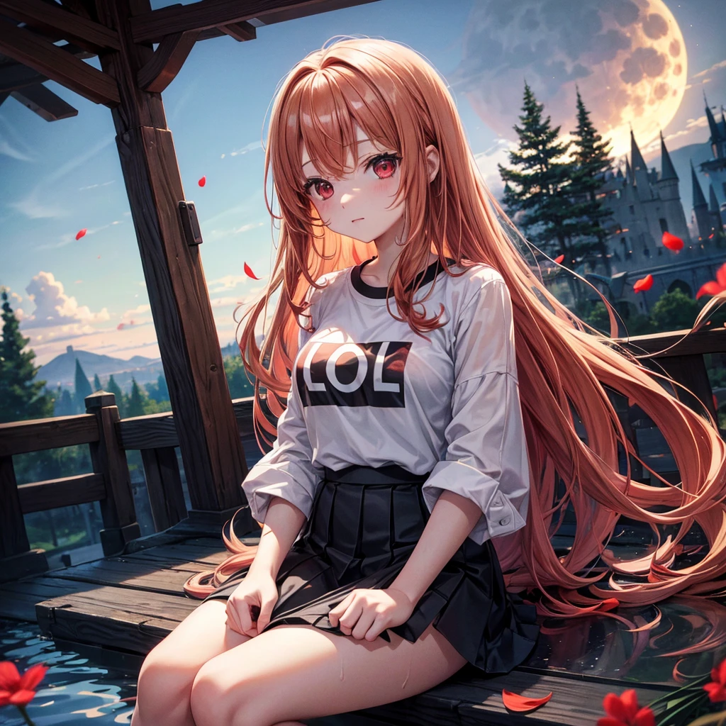 Red-blonde、Red eyes、One cute girl、solo、And soul、Light clothing、Checked mini skirt、petal、Wet hair、Sit on、black t-shirts、large tree、cloud、full moon、monster castle、lanthanum、Hell&#39;s Gate、Craft Gatekeeper、barefoot、Stones are piled up、Teeth are visible、Secret Treasure、Wooden chair、Wooden fence on fire、Wearing a fake beard、Flower crown