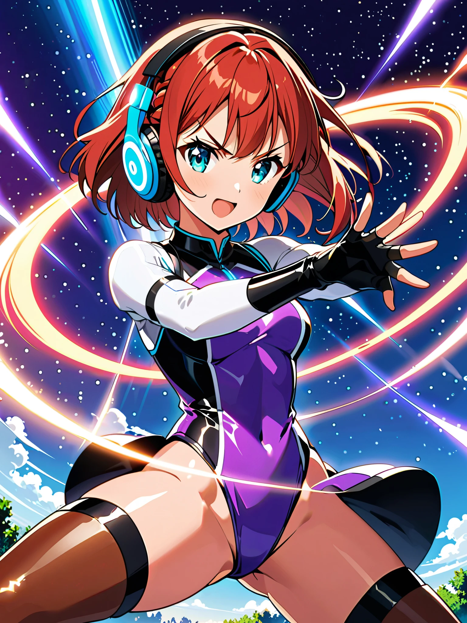 Masterpiece, Best Quality, High Resolution, Brown Hair, Bangs, Short Hair, Bangs, Braid, Aqua Eyes, V-shaped eyebrows, Headphones, perfect anatomy, cowboy shot, Purple and white leotard, thigh-high boots, matching boots, fingerless gloves, bare legs, dynamic spinning pose, sky backdrop, nighttime, outdoors, she super-spins, she spins in place like a tornado, spinning into a tornado. Diffraction Spikes, light particles, 1girl, Solo, Hair Between Eyes, Red Hair Bow, Anatomically Correct, Anime Style.