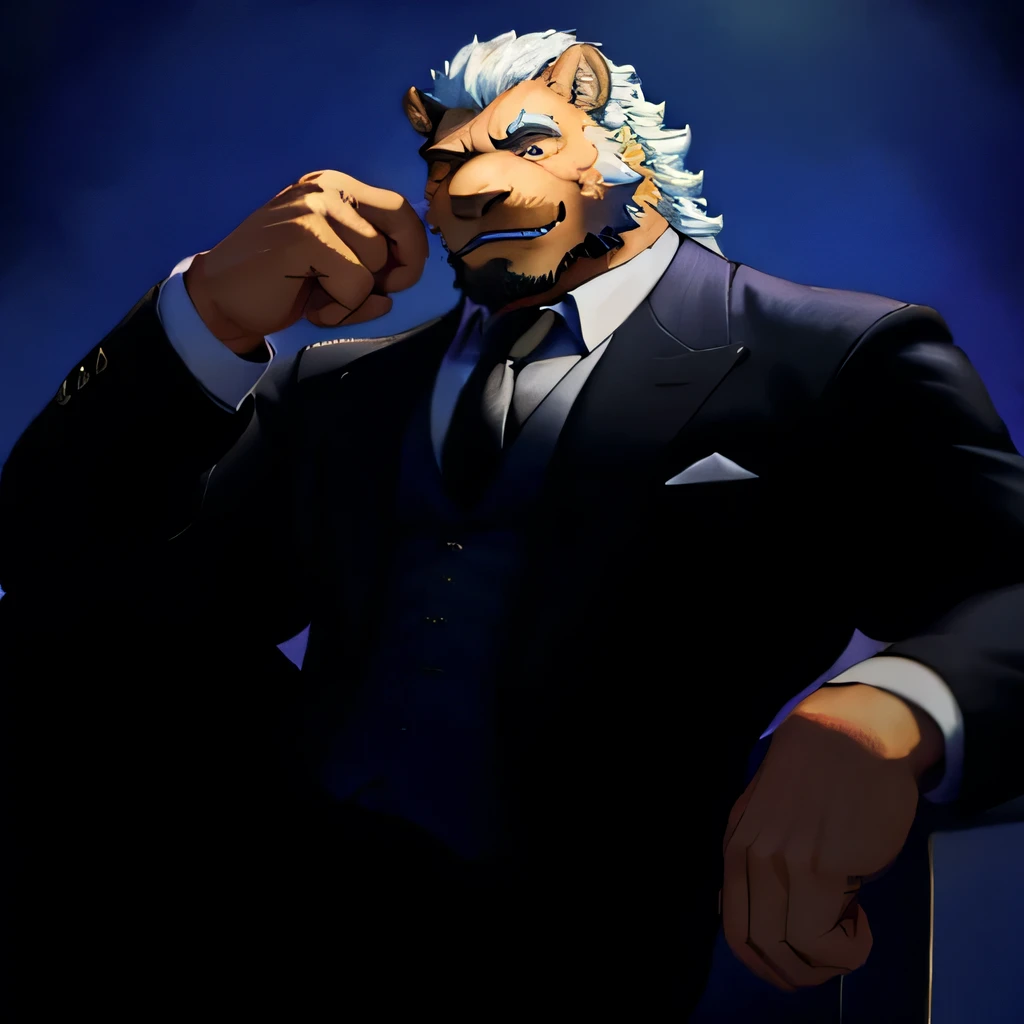 (morning), 1 boy, solo, Looking at the audience, summer, Smile,Muscle Man,Bearded,middle aged,suit,quality,Rich colors,Extremely detailed,Full body close-up,Refined style
