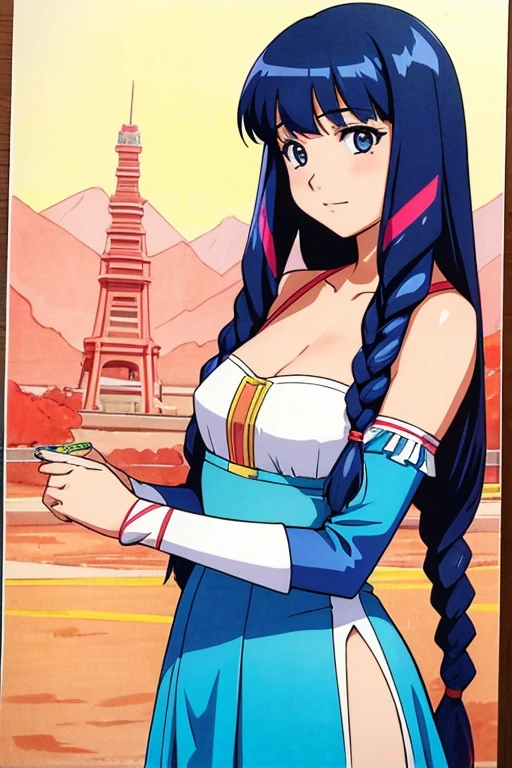 Lynn Minmay, One girl, alone, Full Color、colorful, Braiding, View your viewers, dress, Long Hair, Traditional Media, sign, bangs, compensate, with own hands, Black Hair, Upper Body, lipstick, Drill Hair, artist name, twin Braidings, Bridal Gauntlet, No sleeve