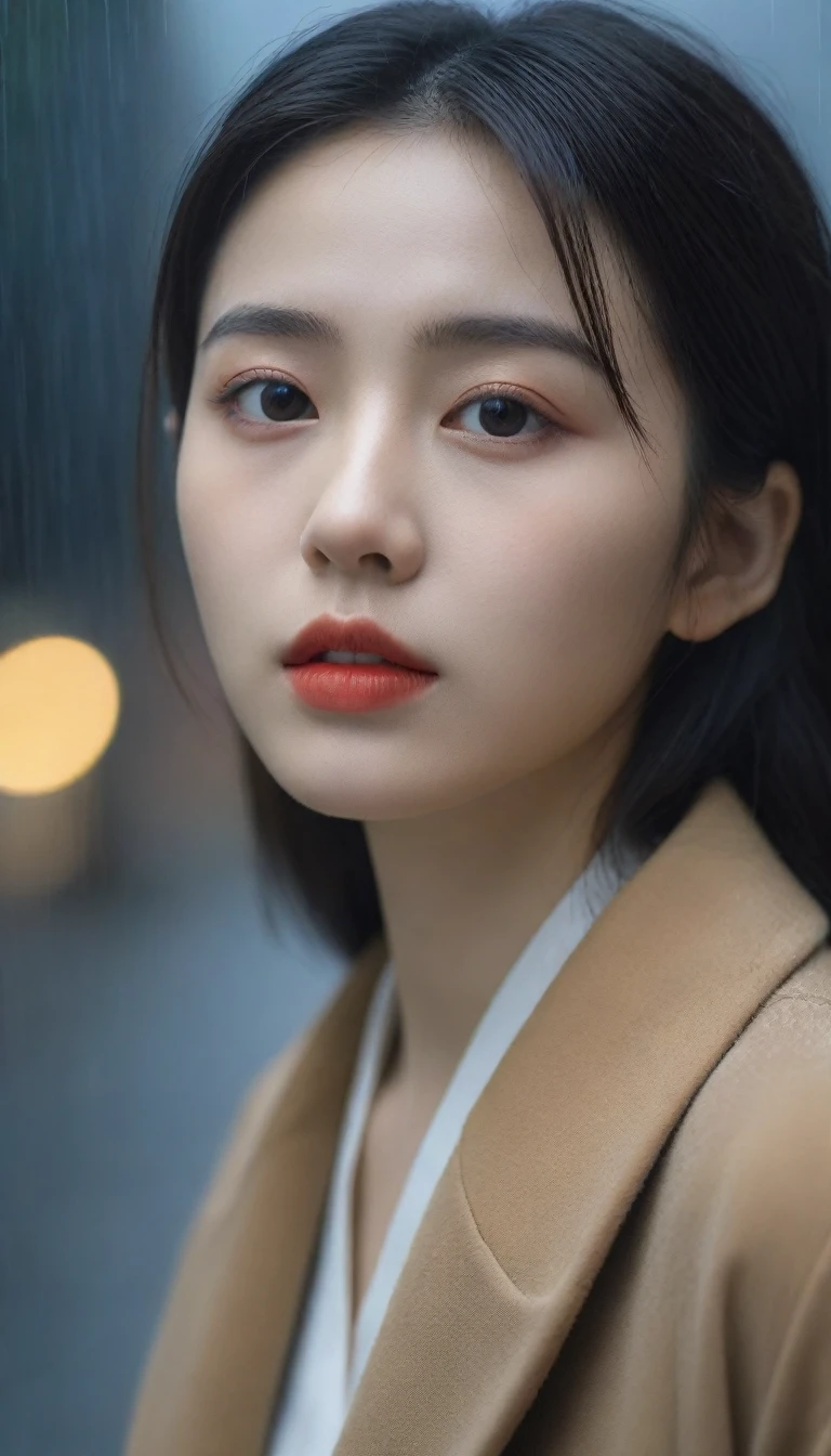 8K, Ultra-high resolution, best quality, masterpiece, Surrealism, photo,Three-Part Approach, 1 girl, (:1.3), pretty girl, Cute face, Beautiful eyes in every detail,(best quality,masterpiece:1.3,In 8K),(Practical:1.4,RAW Shooting,Caustics),of the night city,(heavy rain:1.2),Street Lights,(Street Lightsの光を反射して白く輝く雨粒:1.2),(The woman looked up at the sky),Zhongfa,Sad expression,long coat,Chest shooting,((Thin legs))、A bold gesture,Super cute supermodel、Look closely at the camera,鮮明なdetailed、detailed、Surrealism、Light and Shadow,glare,Fashion magazine cover,Thin lips