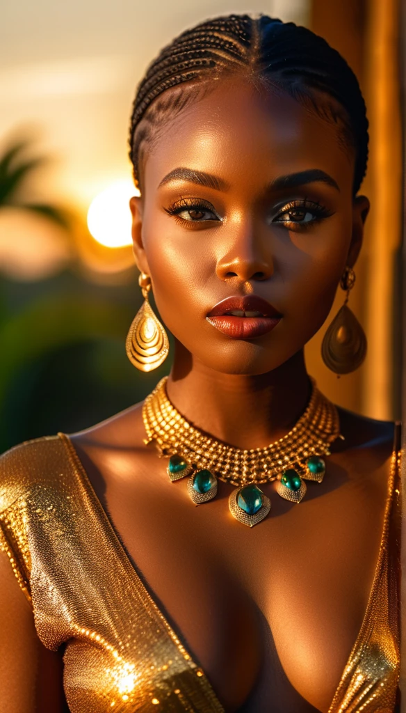 high quality, 8k, professional, photorealistic, full body shot, cinematic lighting, dramatic shadows, beautiful detailed eyes, beautiful detailed lips, extremely detailed face and skin, elegant woman, fashion model, proffesional photography, studio lighting, precious gemstone jewelry, sensual pose, lush African landscape, golden hour natural lighting, dramatic colors, cinematic mood, dramatic composition