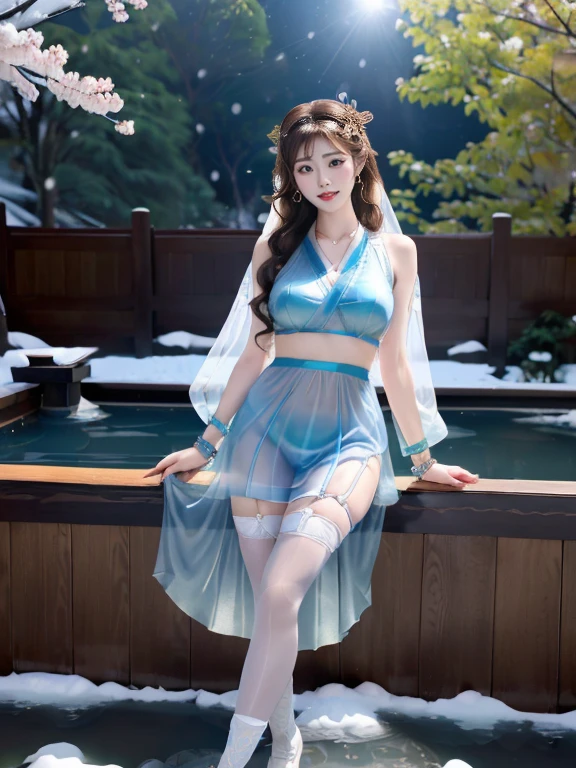 A Chinese female racing model,((night),(moonlight),(hot spring),(Snow Scene)), (8K Ultra HD, Digital SLR Camera, Soft Light, high quality, Volumetric Lighting, frank, photo, high resolution, 4K, 8K, Bokeh), ((Create stunning images of real girls), warm light, Dynamic poses, Elegant Posture, Cowboy lens, Full body front view, From the front,Be confident, Body facing the camera, Standing facing the camera, Open your legs slightly, Golden Ratio Graphics, Minimalism), (Show a charming smile, Willow Leaf Eyebrows, big eyes, Apricot eye prick, Cherry Blossom, Balanced Eyes, Oval face, Pretty Face, Normal facial features, Skin is transparent and visible, Thin skin and tender meat, Slim body, cosmetic, earrings, bracelet, necklace, Jewelry, veil, Hair accessories, Headdress), (Brown hair, Wavy curly hairstyle, Waist-length hair, Messy Hairstyle, Gradient hairstyles, Cyberpunk hairstyle), ((Transparent clothes:1.5), (The color of the clothes:blue), Transparent Clothes, See-through clothes, Transparent Clothes, Tulle clothes, Mesh clothes, Flowing clothes, latex underwear, Transparent yukata), (Sexy, Perfect breast shape, Teardrop chest shape, Snow-white breasts, very detailed breasts, 34E cup), (Super high waist,(Camel toe, High fork strangulation)), (sock, Knee socks, 吊garter, Leg ring, garter, 腿部garter)