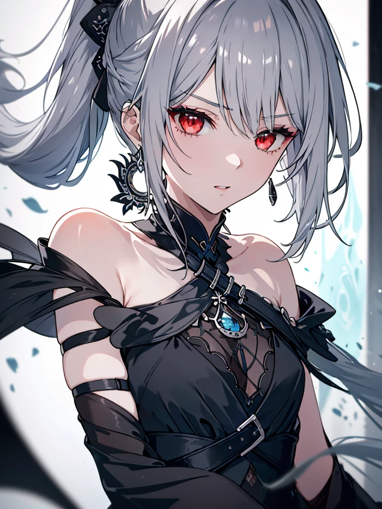 8k,High resolution RAW color art,Anime Art, (((Very detailed and cool))), Detailed skin, Blur、texture,(Exquisitely crafted, The finer details, Ultra-detailed art), (((1 girl))), Depth of written boundary, Silky Touch, Hyper Detail, (((Cool face))), eye shadow、Silver Marble Skin, Beautiful detailed red eyes, Beautiful lip detail, Very delicate face, Delicate depiction of hair and eyes, Detailed Fashion, Silver earrings,Silver Bracelet、Full body depiction, Black half top、(((Shoulder Bare)))、Black shorts、black waist cloak、black tights、 A little bit of grey hair, Ponytail Hair、Semi-long hair、(((Hair)))、water surface、silk clotheatte、Soft clothes