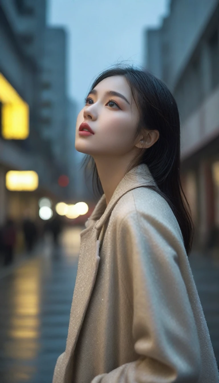 8K, Ultra-high resolution, best quality, masterpiece, Surrealism, photo,Three-Part Approach, 1 girl, (:1.3), pretty girl, Cute face, Beautiful eyes in every detail,(best quality,masterpiece:1.3,In 8K),(Practical:1.4,RAW Shooting,Caustics),of the night city,(heavy rain:1.2),Street Lights,(Street Lightsの光を反射して白く輝く雨粒:1.2),(The woman looked up at the sky),Zhongfa,Sad expression,long coat,Chest shooting,((Thin legs))、A bold gesture,Super cute supermodel、Look closely at the camera,鮮明なdetailed、detailed、Surrealism、Light and Shadow,glare,Fashion magazine cover,Thin lips