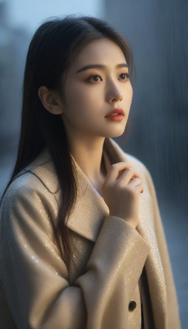 8K, Ultra-high resolution, best quality, masterpiece, Surrealism, photo,Three-Part Approach, 1 girl, (16 years old:1.3), pretty girl, Cute face, Beautiful eyes in every detail,(best quality,masterpiece:1.3,In 8K),(Practical:1.4,RAW Shooting,Caustics),of the night city,(heavy rain:1.2),Street Lights,(Street Lightsの光を反射して白く輝く雨粒:1.2),(The woman looked up at the sky),Zhongfa,Sad expression,long coat,Chest shooting,((Thin legs))、A bold gesture,Super cute supermodel、Look closely at the camera,鮮明なdetailed、detailed、Surrealism、Light and Shadow,glare,Fashion magazine cover,Thin lips