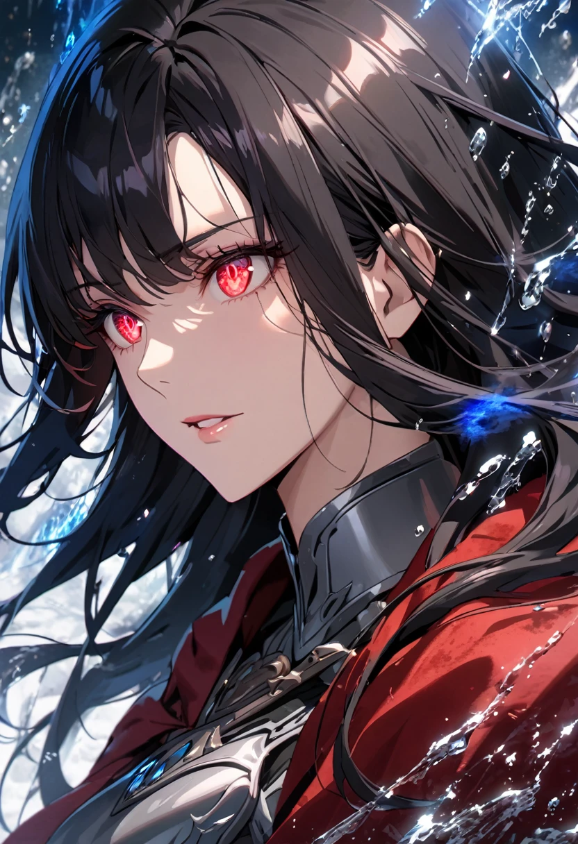 Girl, long hair, pretty, beautiful, main face, font face, red eyes, glowing eyes, grey armor , black hair, beautiful detailed eyes, detailed hair, adult, mature, cool, red cloak, mature beauty, blue aura, frozen and water effect