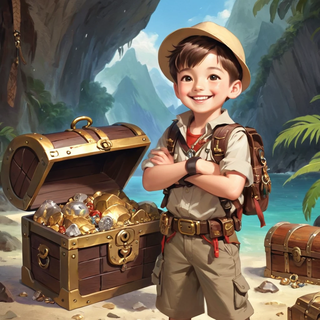 Boy Explorer,Adventurer、Treasure chest in background、Treasure in the background、Cool pose、smile