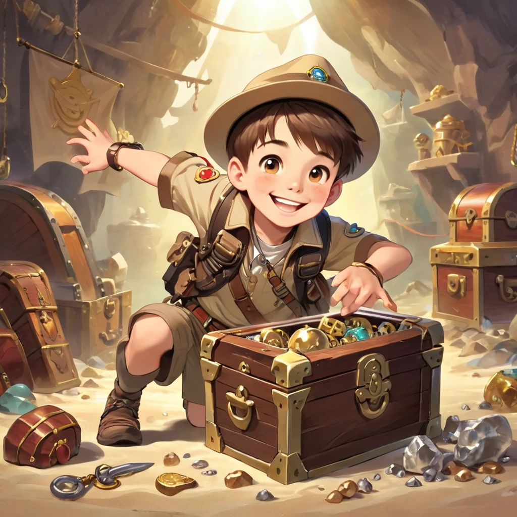 Boy Explorer，Adventurer、Treasure chest in background、Treasure in the background、Cool pose、smile