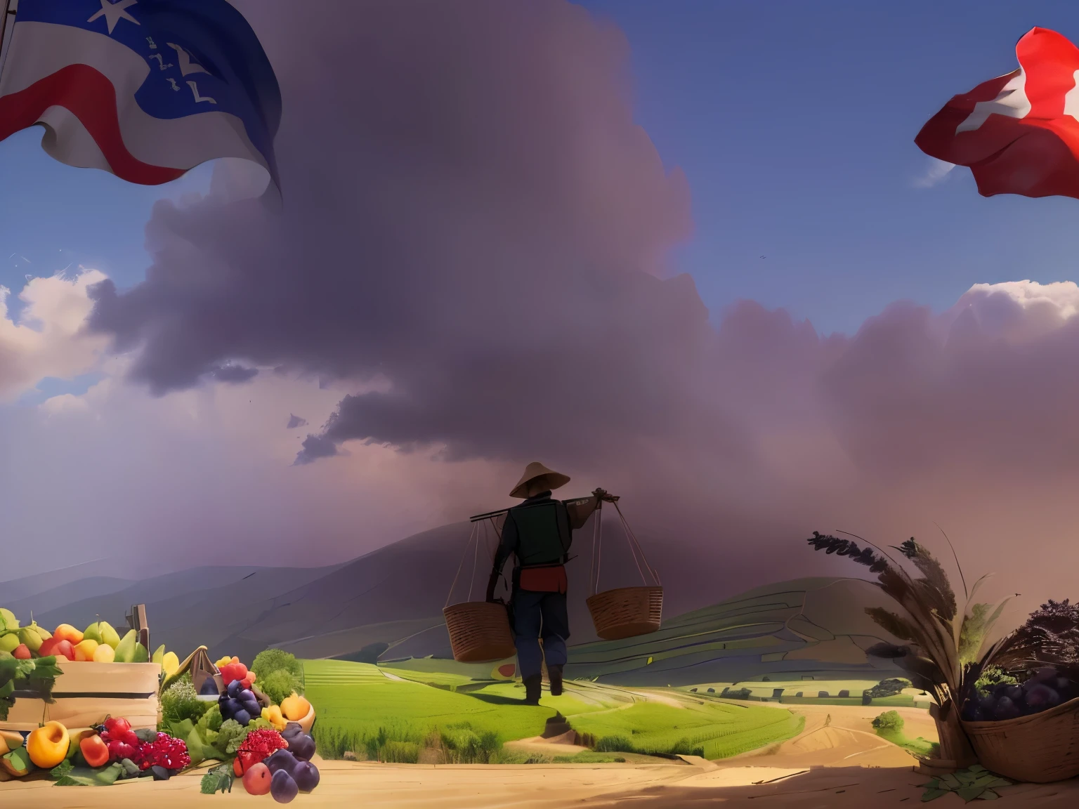 There is a photo of a man carrying a basket of fruit, background image, Idyllic and fertile land, harvest, Width, A comic book poster,There is sky,There is a flag in the upper left corner,There is a soldier saluting in the upper right corner,There are rural fields below,Farmers working hard in the fields,The picture is rich in detail