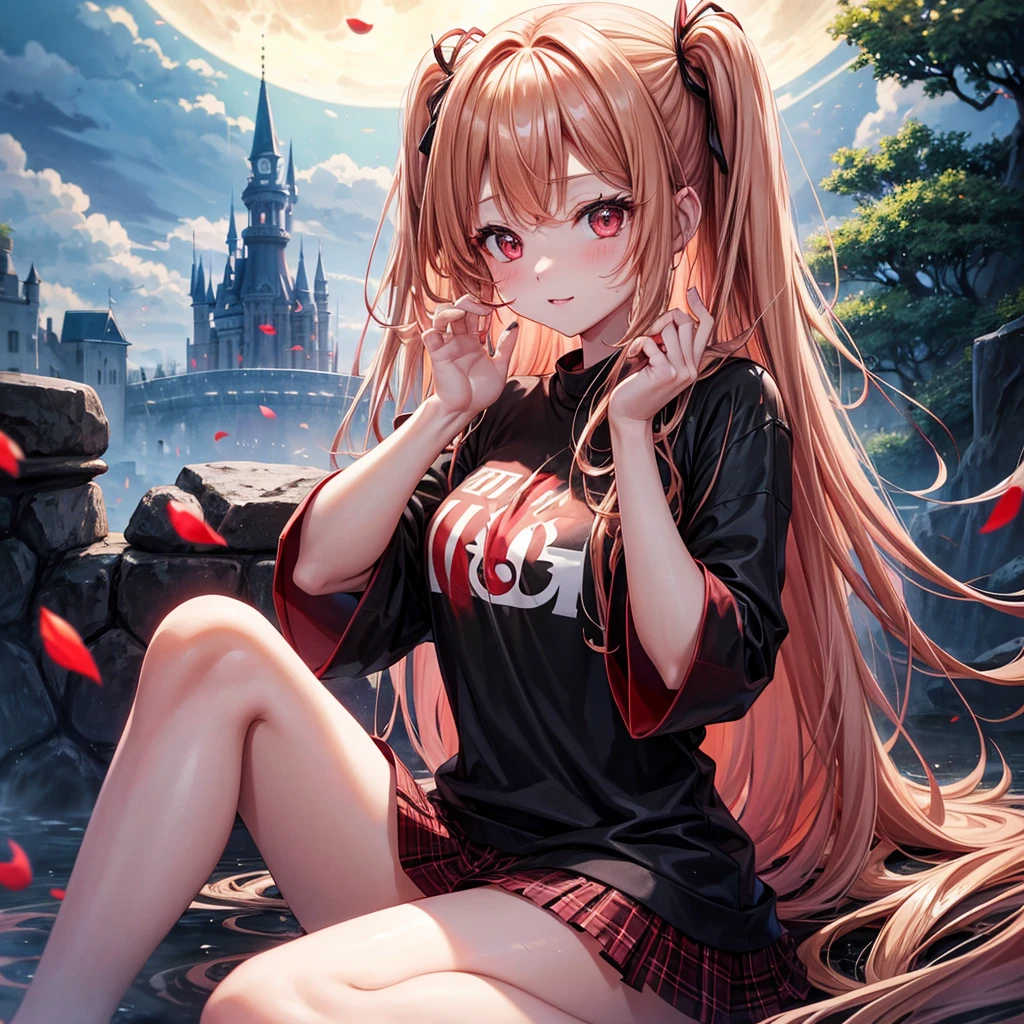 Red-blonde、Red eyes、One cute girl、solo、And soul、Light clothing、Checked mini skirt、petal、Wet hair、Sit on、black t-shirts、large tree、cloud、full moon、monster castle、lanthanum、Hell&#39;s Gate、Craft Gatekeeper、barefoot、Stones are piled up、Teeth are visible、Secret Treasure、Wooden chair、Wooden fence on fire、Wearing a flower crown