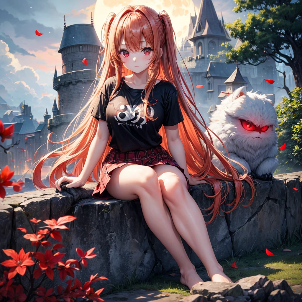 Red-blonde、Red eyes、One cute girl、solo、And soul、Light clothing、Checked mini skirt、petal、Wet hair、Sit on、black t-shirts、large tree、cloud、full moon、monster castle、lanthanum、Hell's Gate、Craft Gatekeeper、barefoot、Stones are piled up、Teeth are visible、Secret Treasure、Wooden chair、Wooden fence on fire、Wearing a flower crown