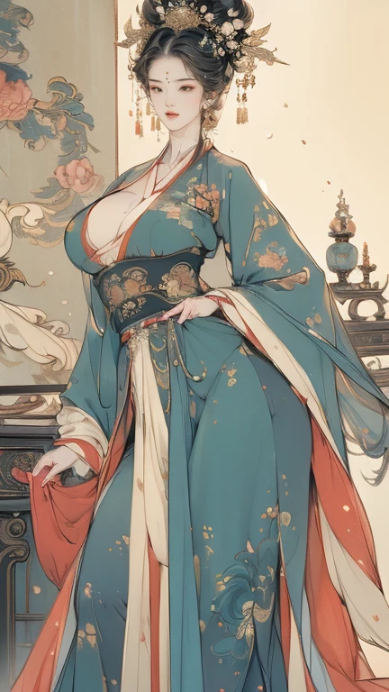 (A beautiful woman in Hanfu, Exquisite eyes, Large Breasts, Curved hips, Smile, legs open, permanent,Buttocks forward, , Large areola, Be clear about the content, vintage fashion, open mouth, best quality, 4K, 8k, high resolution, masterpiece:1.2, Very detailed, Practical, photoPractical, photo-Practical:1.37, High Dynamic Range, Ultra-high quality, Studio Lighting, Ultrafine coating, Clear focus, Physically Based Rendering, Very detailed description, professional, Vibrant colors, bokeh)