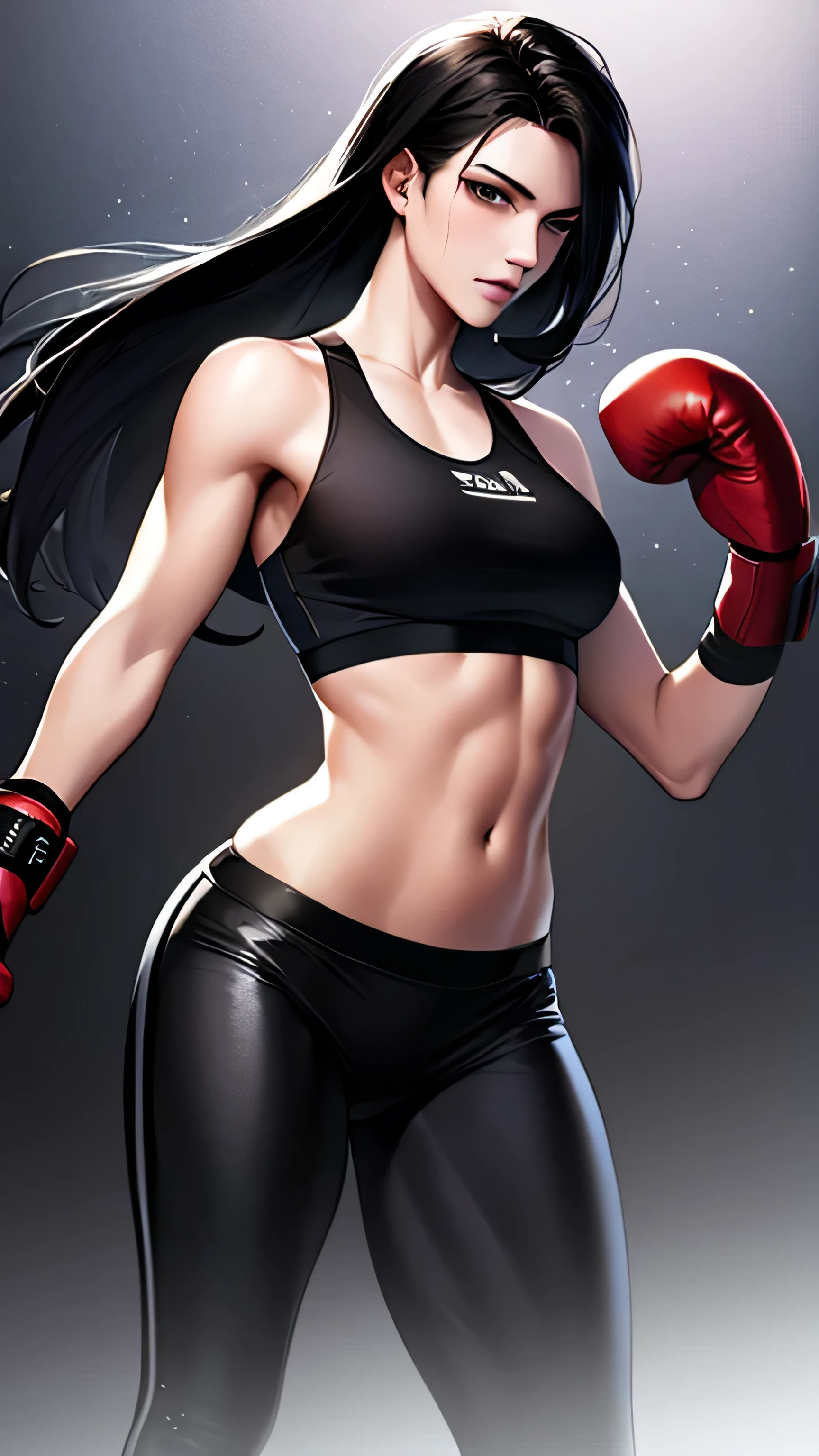 1 girl, 23 years old, long black hair, handsome face, sports bra, toned,muscular,long black pants, boxing gloves, high quality, masterpiece