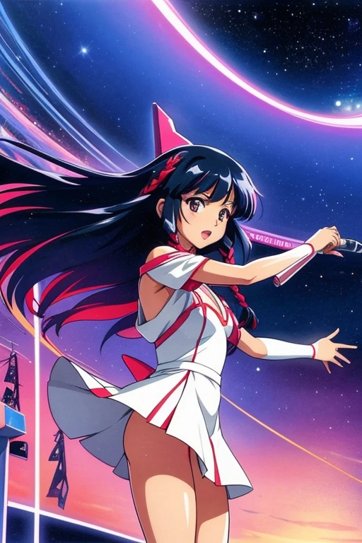 Lynn Minmay, One girl, alone, Full Color、colorful, Braiding, View your viewers, dress, Long Hair, Traditional Media, sign, bangs, compensate, with own hands, Black Hair, Upper Body, lipstick, Drill Hair, artist name, twin Braidings, Bridal Gauntlet, No sleeve、universe space、Singing on stage、Panorama