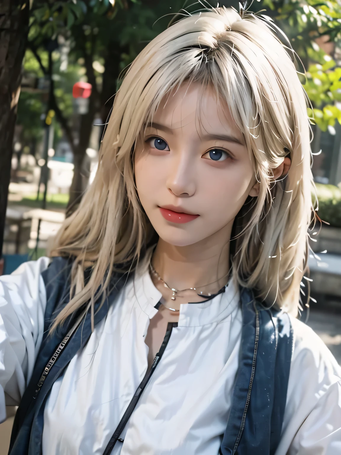 best quality, masterpiece,White hair, blue eyes, Upper Body,Gorgeous background,1 Girl, Flowing long hair