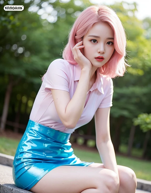 1 girl, Korean models, extremely beautiful, cơ thể perfect. Photo taken with Canon EOS R5 85mm f/11, Capture mode ((high solution)) people and surrounding scenery. Photo quality ((8k)), ((lifelike)), ((masterpiece)), ((high solution và tương phản cao nhất)), ((large depth of field)), ((stereoscopic light)). ((Pink hair)), long and smooth, The wind blows your hair beautifully under the bright sunlight. Beautiful face, perfect và gợi cảm, nice, cân đối perfect, ((Beautiful down to every detail)), ((shiny)), ((trang điểm high-end cosmetics)), ((bright, radiant)). Nụ cười radiant, răng trắng tinh and details. Đôi môi đỏ bóng charming, ((Bright glossy red lipstick)). Brown eyes, shiny wet, charming, ((trang điểm high solution)), true, ((wet eyes)) and details. Pink eyeshadow, long eyelashes, blush, high-end cosmetics. Two delicate eyelids, đẹp perfect and details, black eyelashes. Arched eyebrows, sir, high solution and details. Mũi cao and details. Gò má nổi bật and details. ((Ivory white skin, bright white)), Detailed pores, ((shiny skin)), smooth and supple skin texture, rosy and flawless. Leggy, shiny. Beautiful hands, perfect, ((no error)). ((The light shines directly on the face)), bright sunlight, ((shining light on the front part of the girl's body)).
Photo of a sexy girl standing, ((Very thin pink shirt)), ((blue patent leather dress)), ((red underwear)).