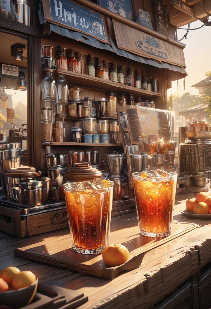 a beautiful detailed fruit tea shop menu background, highly detailed, 16:9 vertical format, luscious ripe fruits, smooth glass cups with fruit tea, golden hour lighting, warm soft focus, elegant typography, rustic wooden textures, vibrant colors, photorealistic, (best quality,4k,8k,highres,masterpiece:1.2),ultra-detailed,(realistic,photorealistic,photo-realistic:1.37)