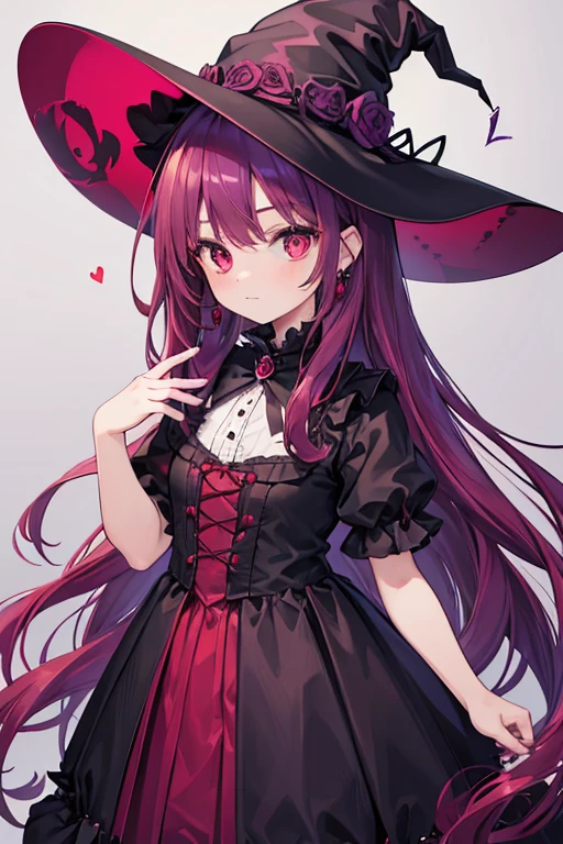 masterpiece, Highest quality, One girl, Long Hair, Reddish purple hair, Shiny Hair, Wavy Hair, Half Up, Bright red eyes, Large, slightly slanted eyes, Scorpion, Earrings, (child), Witch hat, Gothic Lolita, whole body, Fantasy, High resolution