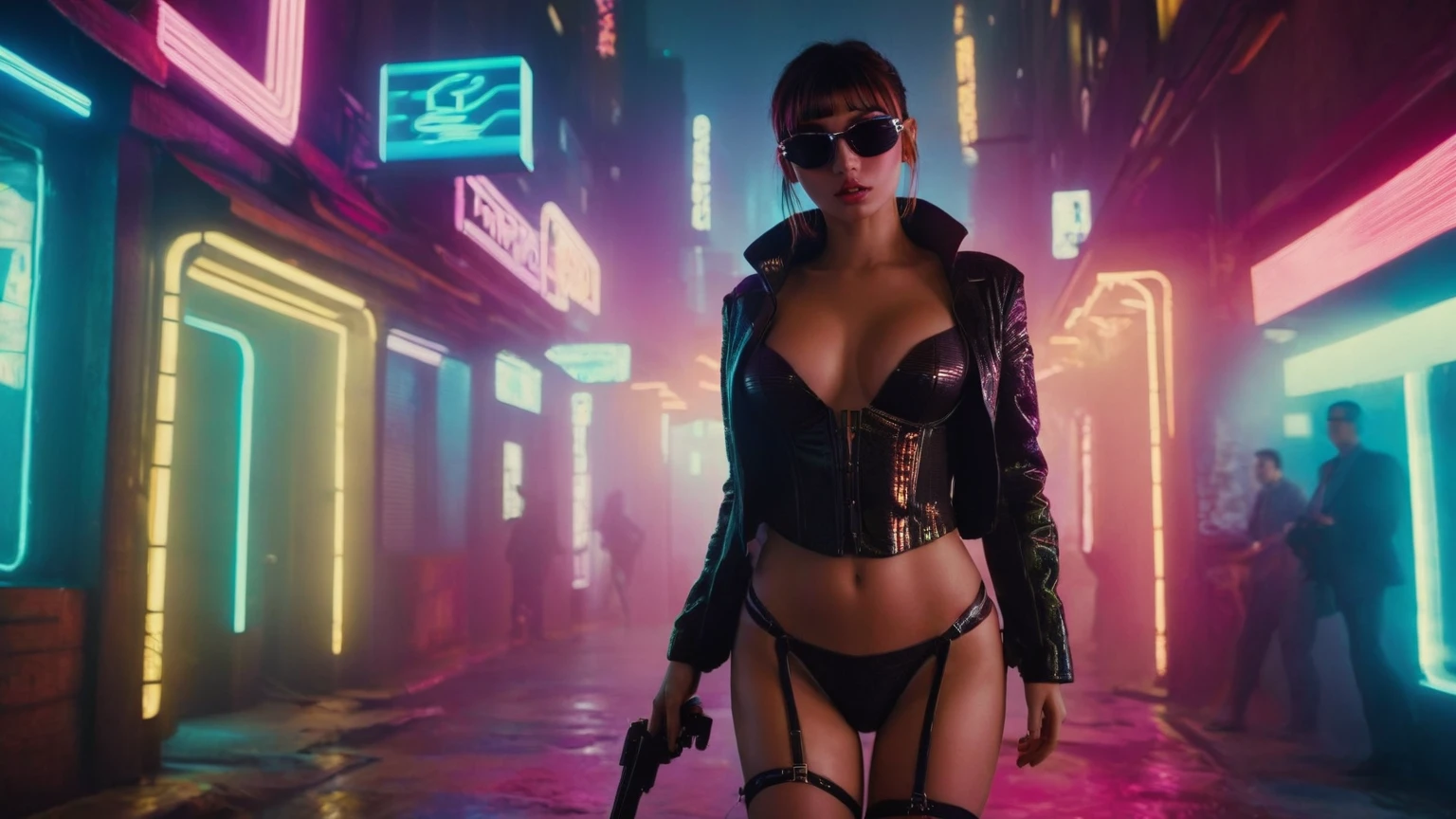 (aerial view), Blade Runner style futuristic alley at night, (flying cars), neon lights. (1girl, solo, alone), large-breast:1.2 slim body, cleavage:1.1, sexy micro laced lingerie with jacket, (black sunglasses), ((she raised a pistol:1.8 and shot the viewer)), dynamic pose, ((half-body thigh level medium shot)), cinematic lighting, lens flare, ray tracing.