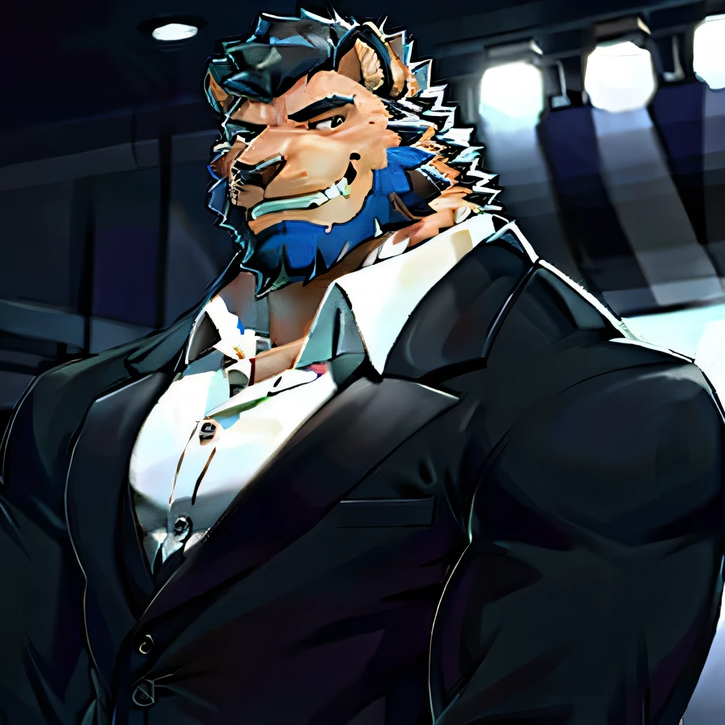 （morning）， 1 boy， solo， Looking at the audience， summer， Smile，Muscle Man，Bearded，middle aged，suit，quality，Rich colors，Extremely detailed，Full body close-up，Refined style