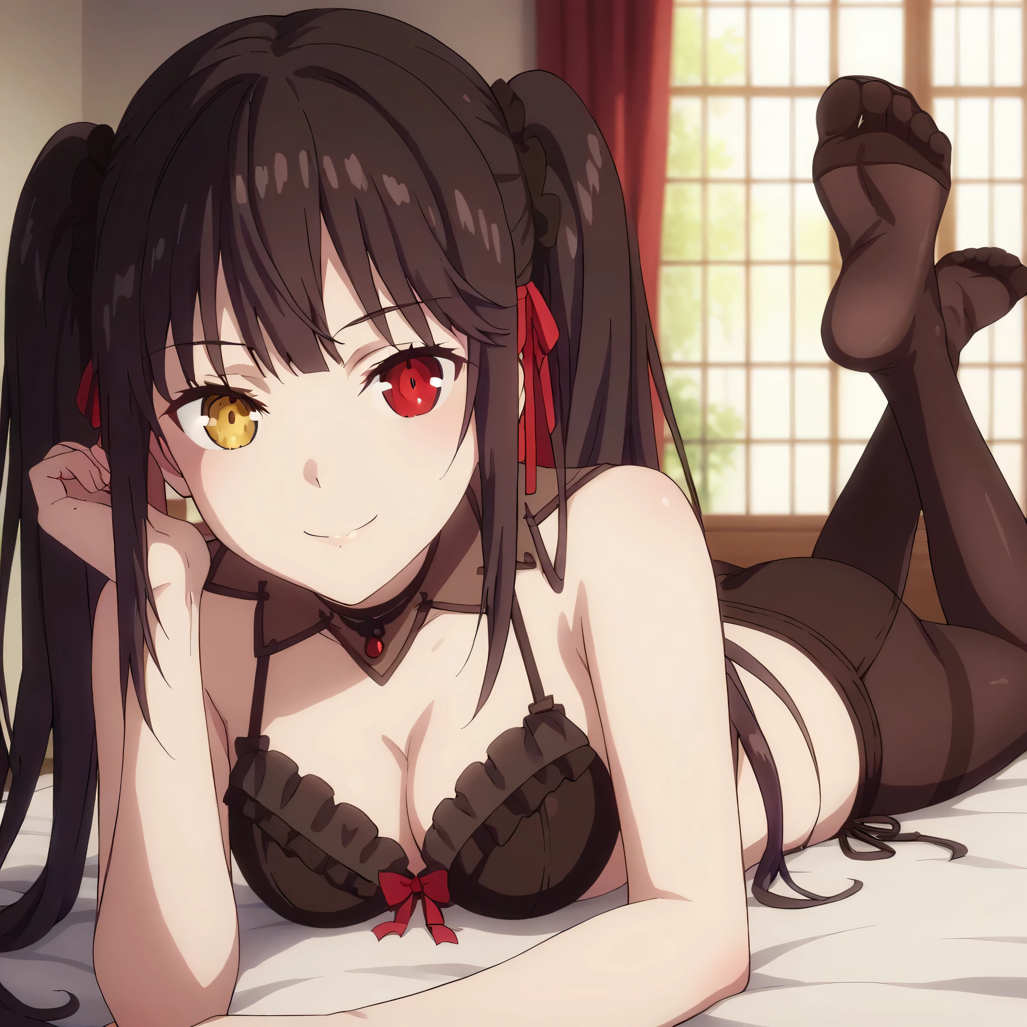 score_9, score_8_up, score_7_up, source_anime,
kurumitokisaki, kurumi tokisaki, black hair,   golden right eye(clock eye), heterochromia and red eyes, long hair, (bunches)
bare shoulder, ribbon, Black bra, bikini, briefs,  black bikini, twintails, low twintails, black silk leggings
indoors, outdoor, smile,
looking at viewer, solo, lying on the bed, the soles of the feet face the audience.